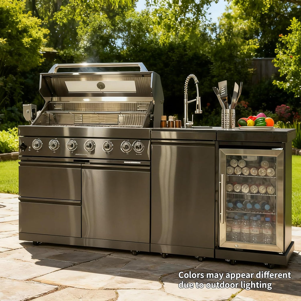 82' Natural Gas Outdoor Kitchen Island - 43-Inch 6-Burner 85,000 BTU Deluxe Stainless Steel Grill Wine Cooler Compact Refrigerator Rotisserie Granite Countertops/Sink,Black