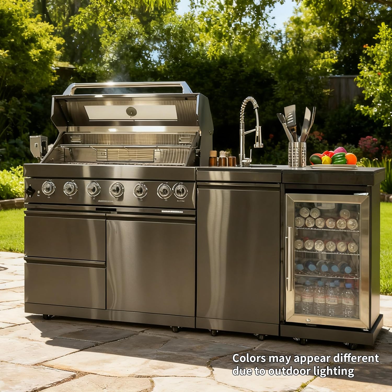 82' Natural Gas Outdoor Kitchen Island - 43-Inch 6-Burner 85,000 BTU Deluxe Stainless Steel Grill Wine Cooler Compact Refrigerator Rotisserie Granite Countertops/Sink,Black