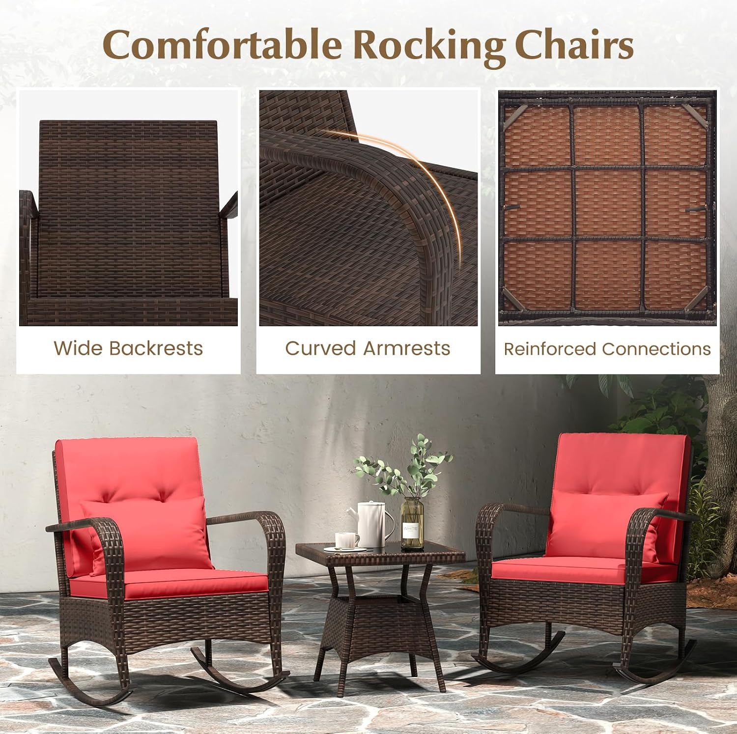 Tangkula 3 Pieces Rocking Bistro Set, Patiojoy Outdoor PE Rattan Rocker Chairs with Removable Cushions & Tempered Glass Top Coffee Table, Outdoor Wicker Furniture Set for Porch, Garden (Red)