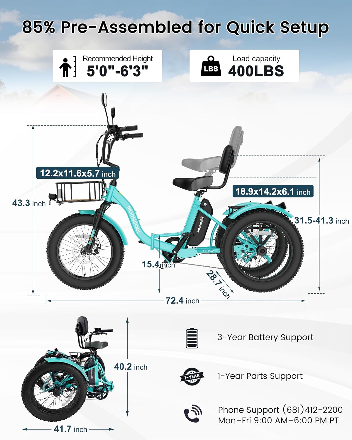 MOONCOOL Electric Tricycle for Adults, 20' x 4' Fat Tire Electric Trike, 48V 500W 3 Wheel Electric Bike, 7 Speed E Trikes for Adults with Removable Battery, Aluminum Frame & Large Basket