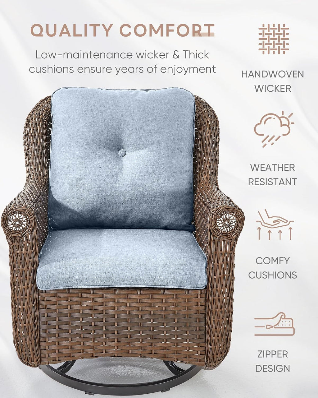Patio Chairs Outdoor Swivel Glider - Set of 4 High Back Outside Brown Wicker Rattan Rocking Chair with Thick Cushion for Porch Apartment Deck Yard Poolside Garden - Baby Blue