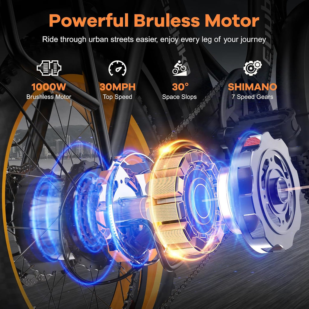 Auloor Foldable Electric Bike for Adults, Peak 1000W Brushless Motor 70Miles City Commuter Ebike, 48V 20AH Lithium Battery, 20' Fat Tire 7-Speed E-Bicycle with Front Suspension Colourful LCD Display