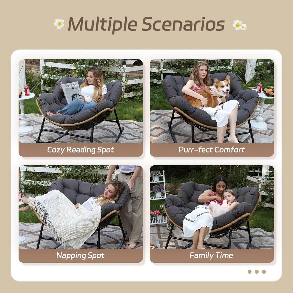 BULEXYARD Oversized Patio Egg Chairs for 2 Person, Double Papasan Rocking Chair with Cushion, 450 Lbs Heavy Duty, PE Wicker Comfy Recliner, Indoor Outdoor Papasan Rocker for Deck, Livingroom, Gray