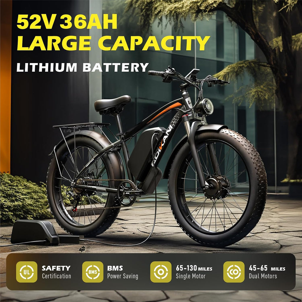 E Bikes for Adults Electric,51 MPH Fast Ebike Peak 6000W 36AH 52V 130 Miles Max, Dual Motor Electric Bike Fat Tire E Bike for Men, 26' Electric Bicycle for Snow Off-Road, Hydraulic Brakes, 7 Speed