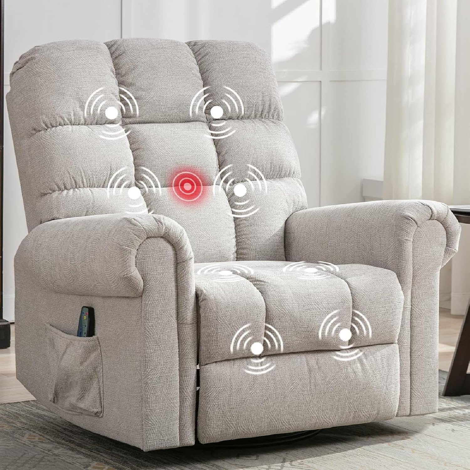 ANJ 360°Swivel Rocker Recliner Chair with Massage and Heat, Manual Overstuffed Oversized Swivel Recliners for Big Man, Large Glider Rocking Reclining Chairs for Nursery, Living Room, Beige