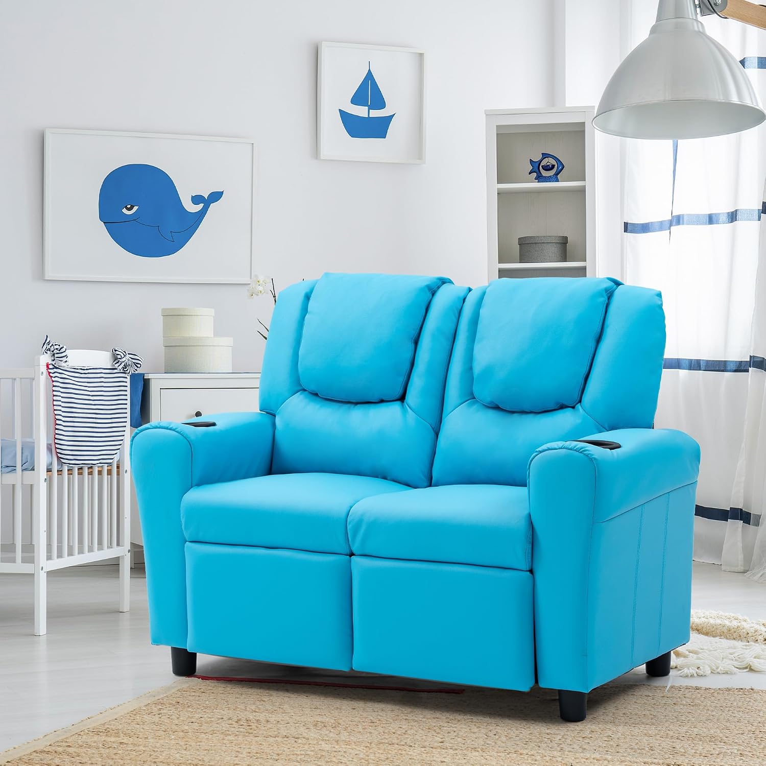 AVAWING Toddler Recliner, Double Children Couch with Cup Holder, PU Leather Kids Sofa, Kids Loveseat w/Adjustable Footrest & Headrest for Boys and Girls 3+ Age Group, Blue