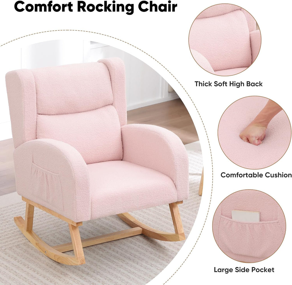 HCHAIRH Nursery Rocking Chair,Wingback Nursery Rocking Chairs,Nursing Glider Rocker Chair with High Back for Living Room Bedroom(Teddy Pink)