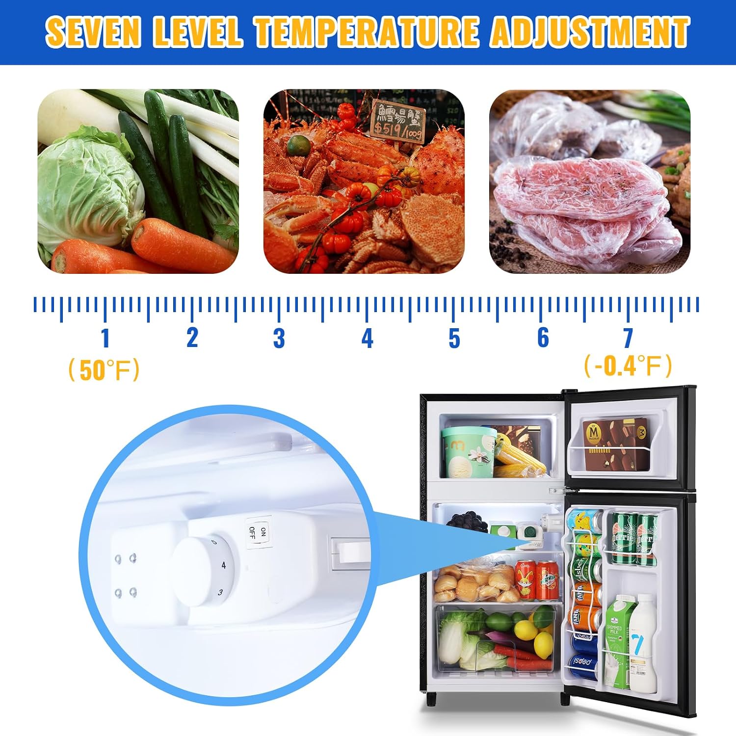 WANAI 3.5 Cu.Ft Mini Fridge With Freezer Freestanding Refrigerator with Freezer,7 Level Adjustable Thermostat Removable Shelves Small Refrigerator for Office Dorm Apartment Grey
