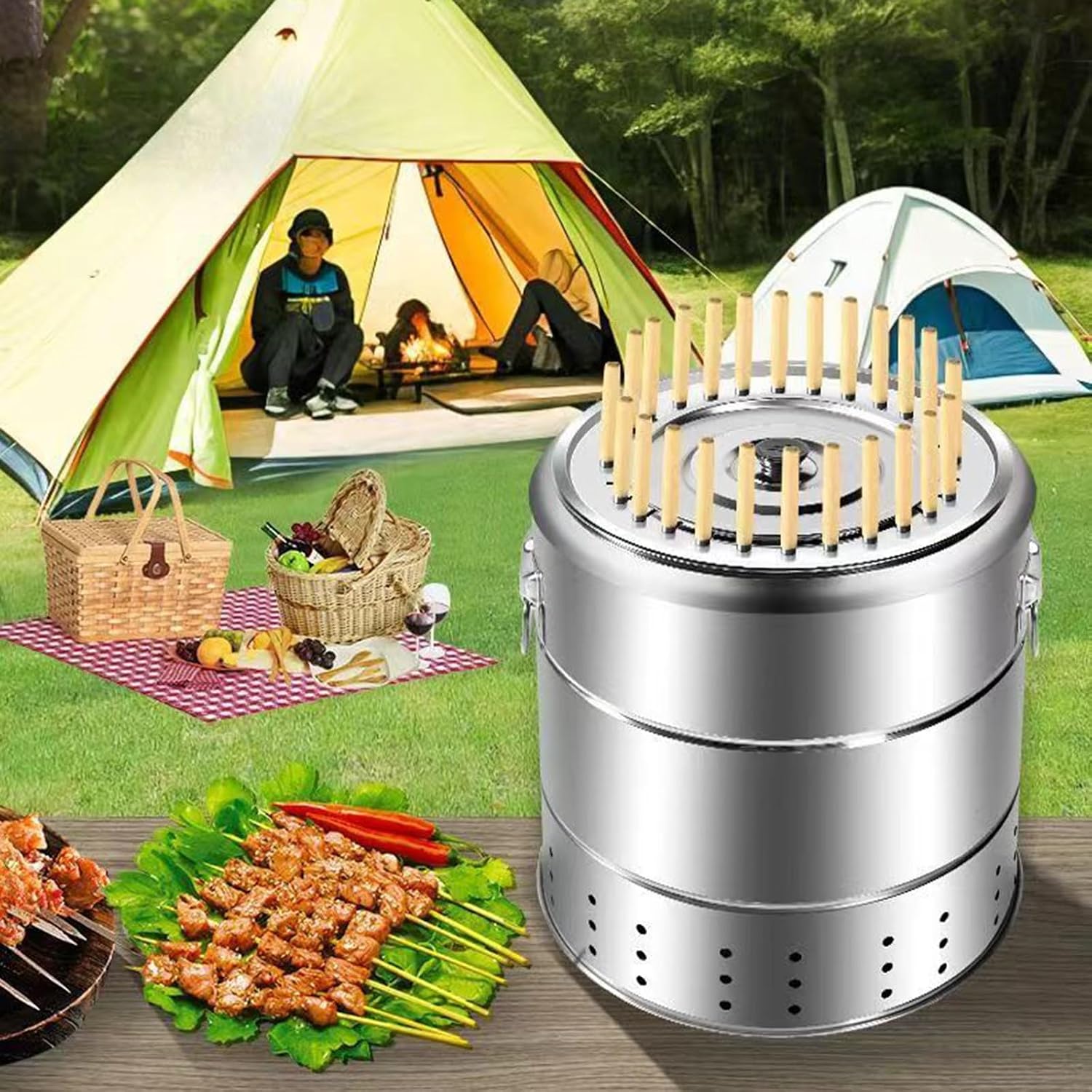 Stainless Steel Barbecue Grill Household Smokeless Hanging Grill Round Barbecue Fireplace Detachable Design Outdoor Charcoal Grill Suitable for Patio, Camping Barbecue
