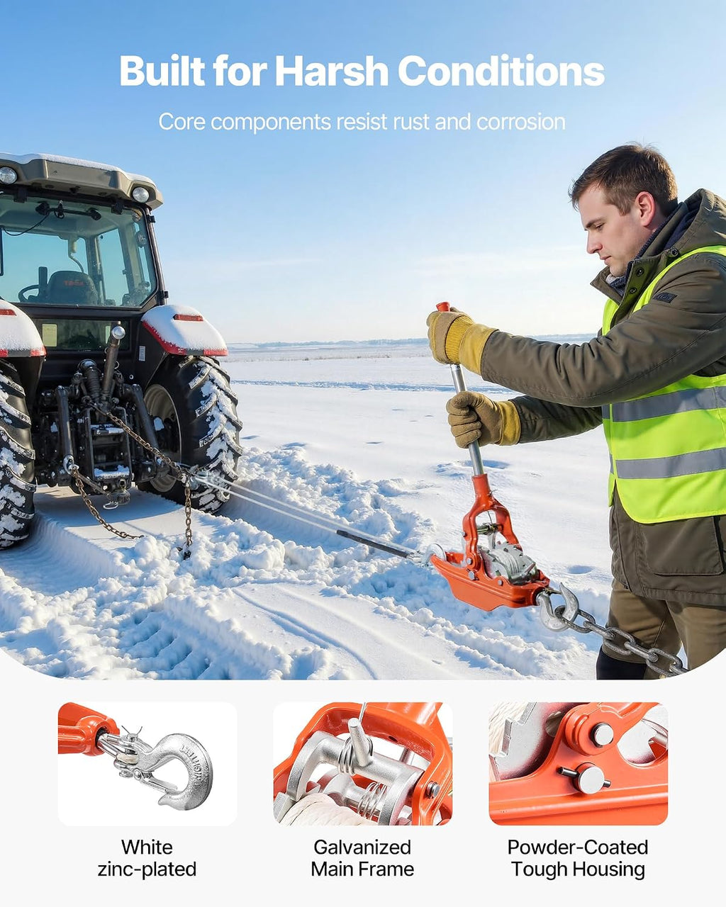 VEVOR Rope Puller, 6614 lbs Pulling Capacity, Heavy Duty Ratchet Power Puller Tool with 35 ft of 0.3 in Diameter Rope & 2 Hooks, Come Along Winch for Tree Felling, Moving Boats, Road Recovery