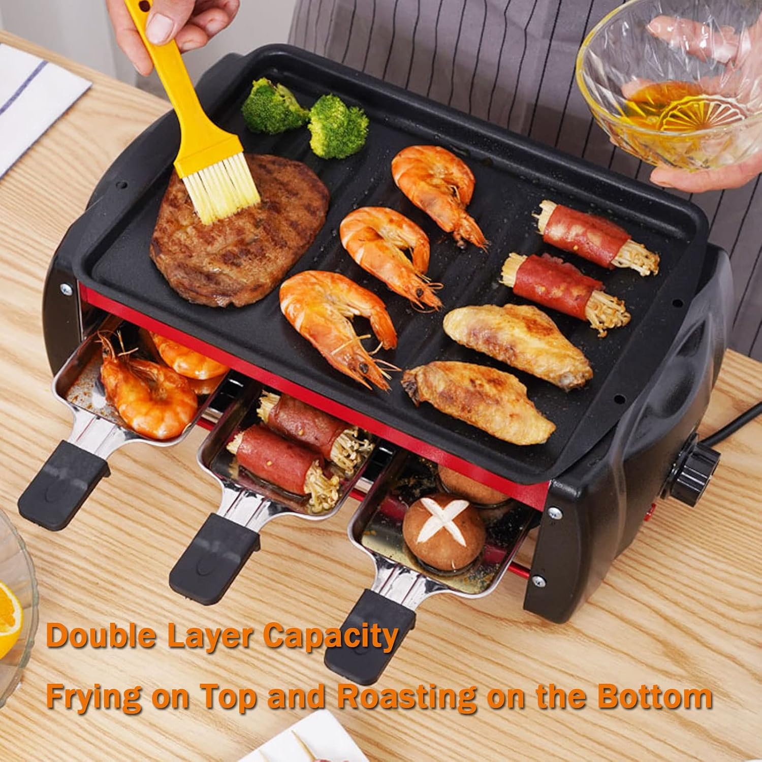 Health BBQ Grill Electric Double Layer with Adjustable Temperature and Drip Tray, Indoor Kitchen Dining Tabletop Griddle BBQ Barbecue Smoke-Free Grill Stove for Kitchen Dinner Festival Cooking,L