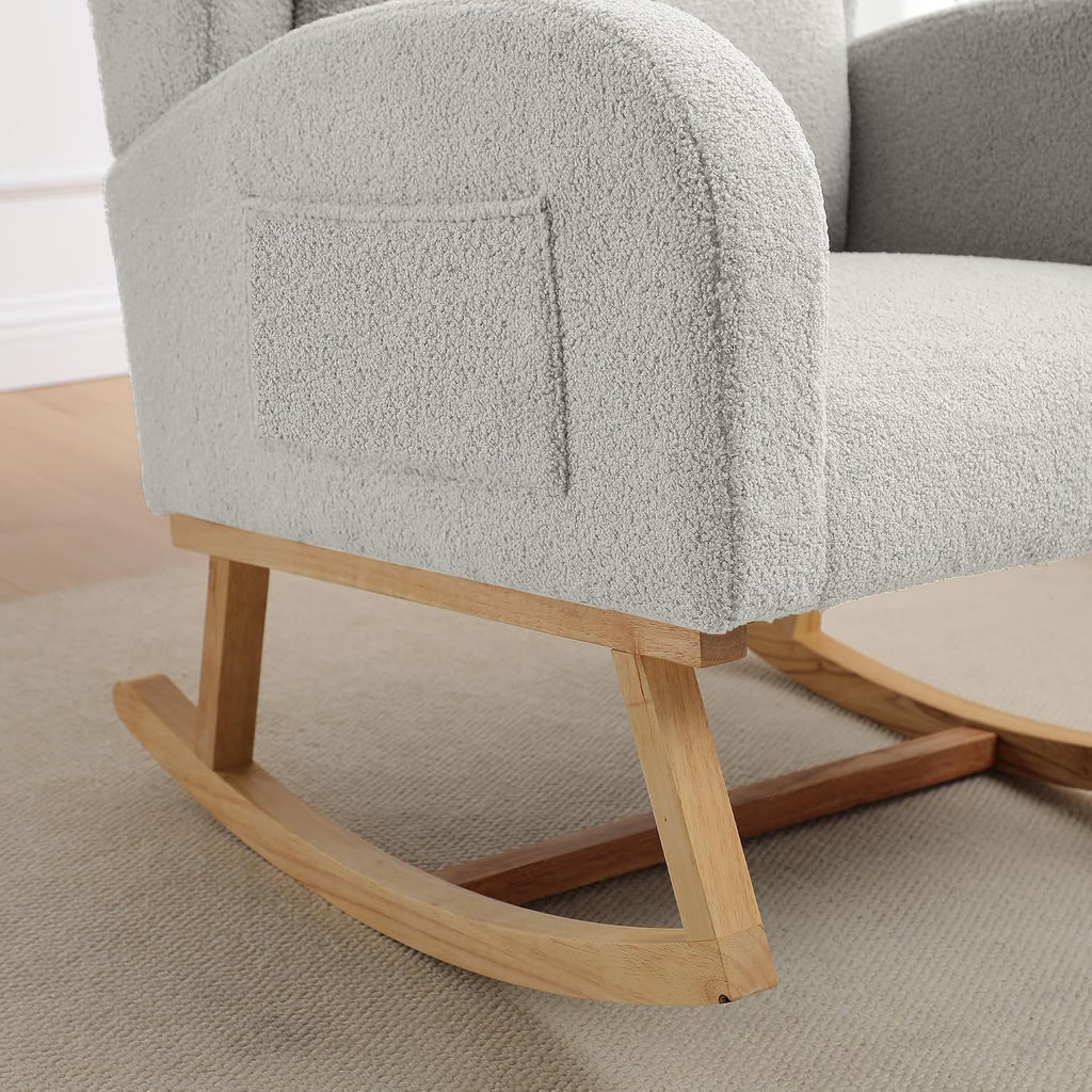 HCHAIRH Nursery Rocking Chairs Upholstered Rocking Chair for Nursery Cozy High Backrest Modern Indoor Rocking Chair for Living Room Bedroom Adults (Teddy Light Gray)