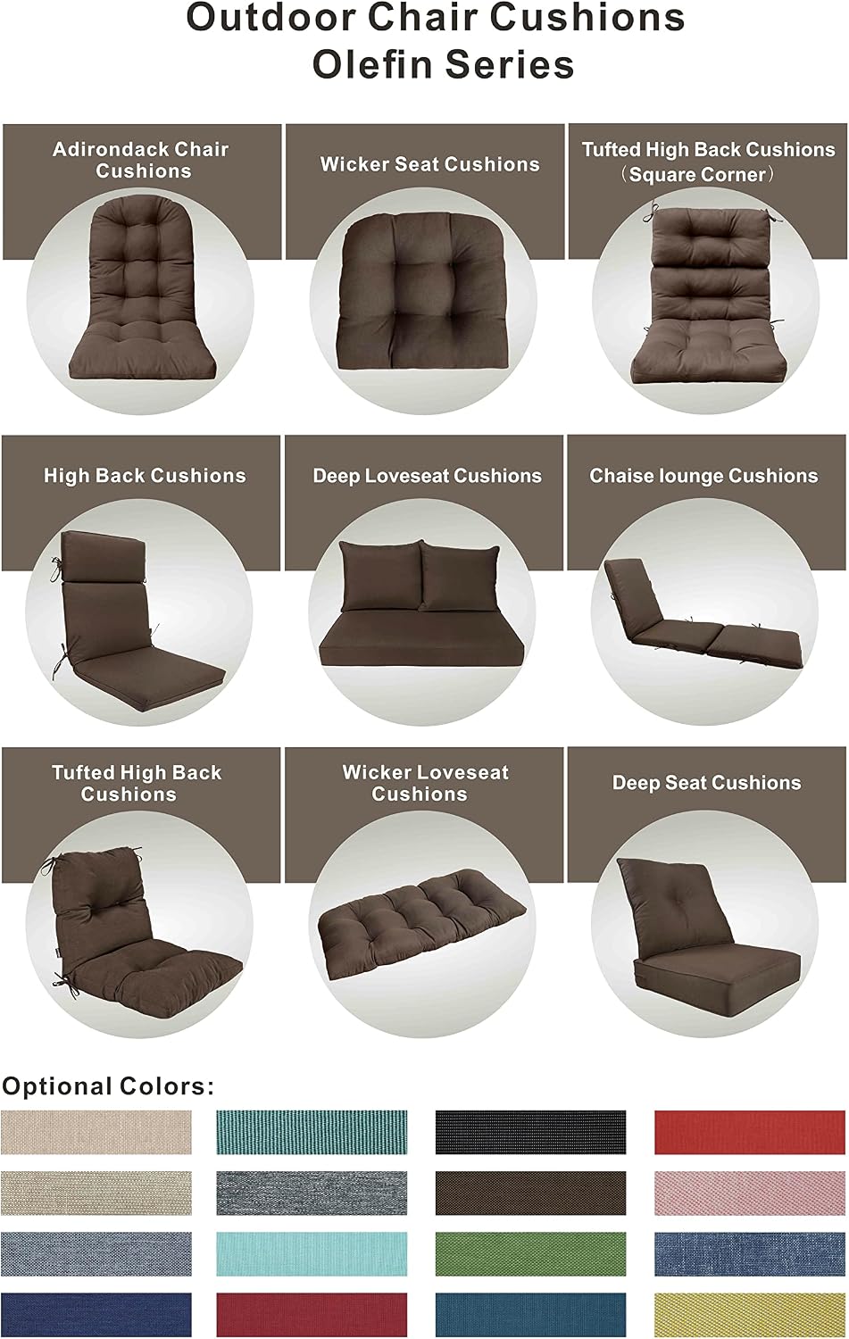 Indoor Outdoor High Back Chair Cushions Replacement Patio Chair Seat Cushions Set of 4 (Olefin Coffee/Chocolate)
