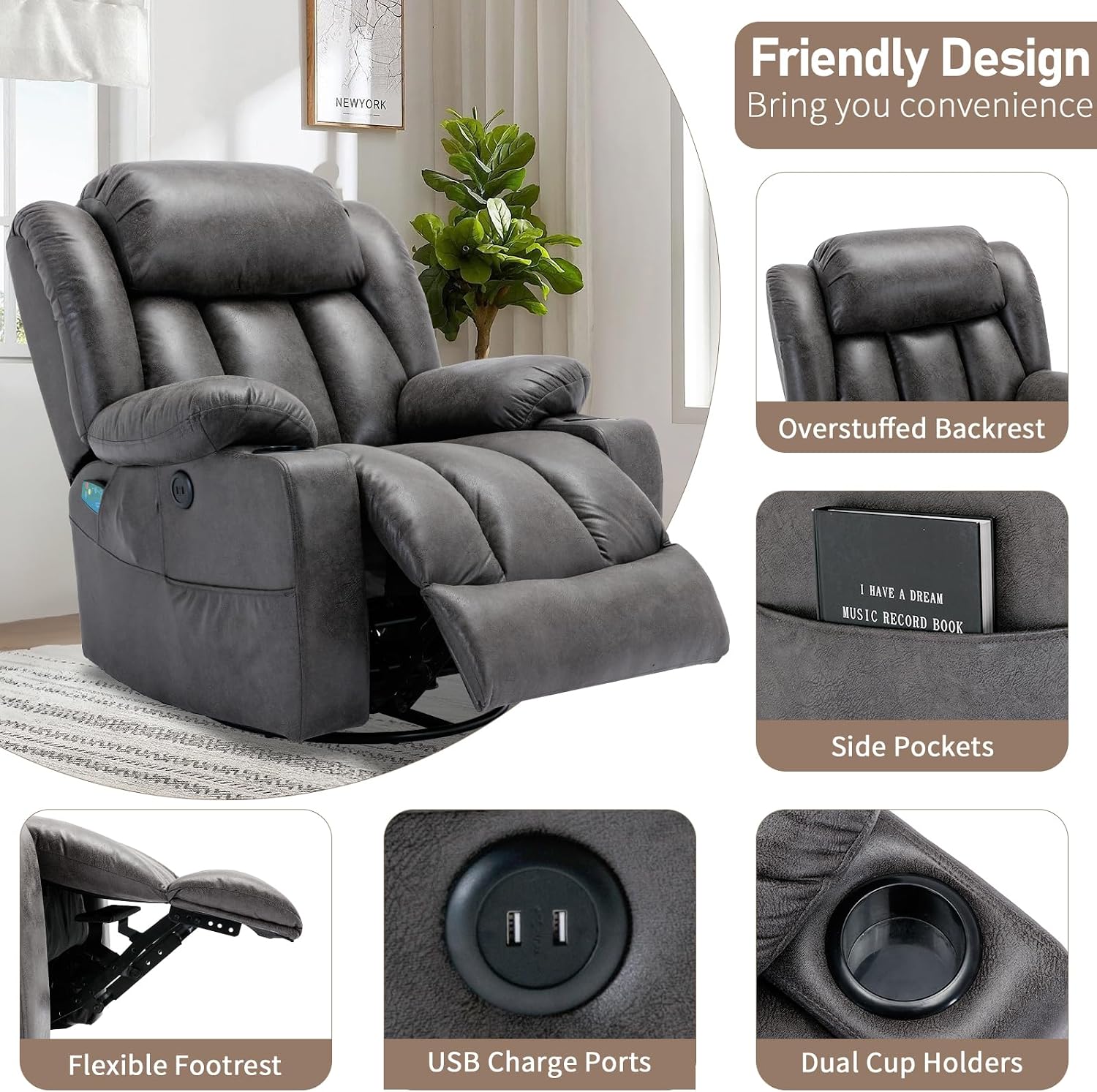 360° Swivel Rocker Recliner Chair with Heat and Massage, Manual Glider Rocking Reclining Chair, Swivel Overstuffed Lounge Reclining Chair with 2 Cup Holders, Side Pockets & USB Ports, Grey