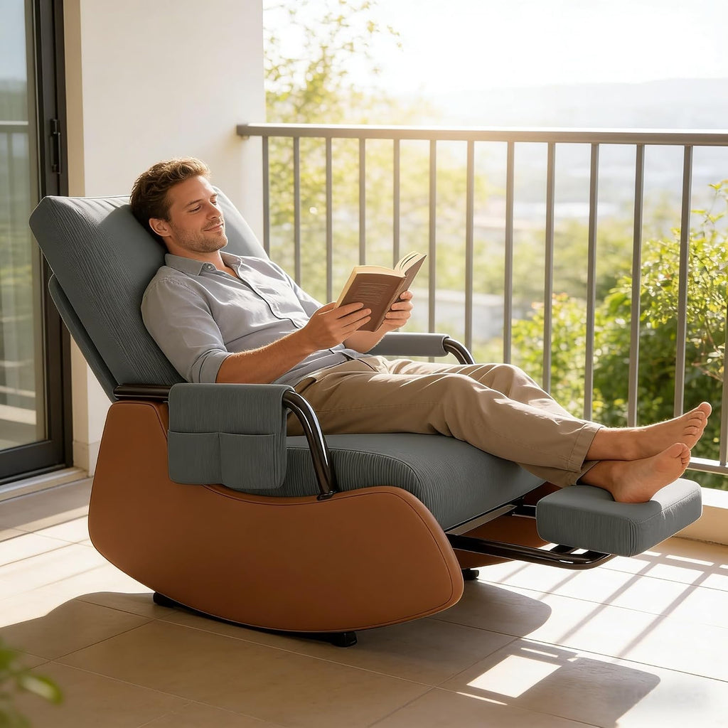 JPBSTO Rocking Chair Nursery, Upholstered Glider Rocking Chair with Side Pocket and Adjustable High Backrest, Foldable Rocker Recliner with Footrest Perfect for Living Room Bedroom, Deep Grey