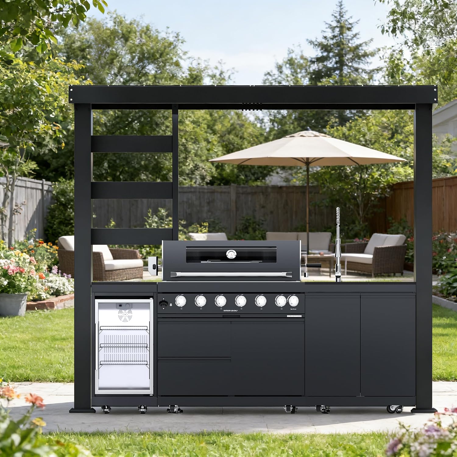 REDNGO 108-Inch 6-Burner 85000 BTU Stainless Steel Propane Gas Grill Outdoor Kitchen Island with Canopy,648Sq.In Cooking Area,Wine Cooler,Refrigerator,Rotisserie,for Backyard BBQ,Black