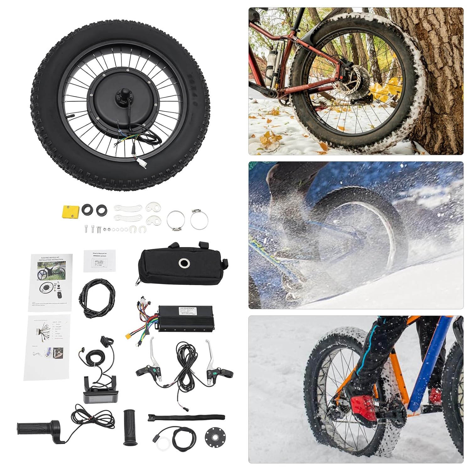 48V 1500W Electric Bicycle Conversion Kit, 20' Ebike Rear Hub Motor Wheel Kit with PAS Sensor and LCD Display Snow Bike Electric Bicycle Fat Snow Tire Motor Kits Brushless Gearless Hub Motor
