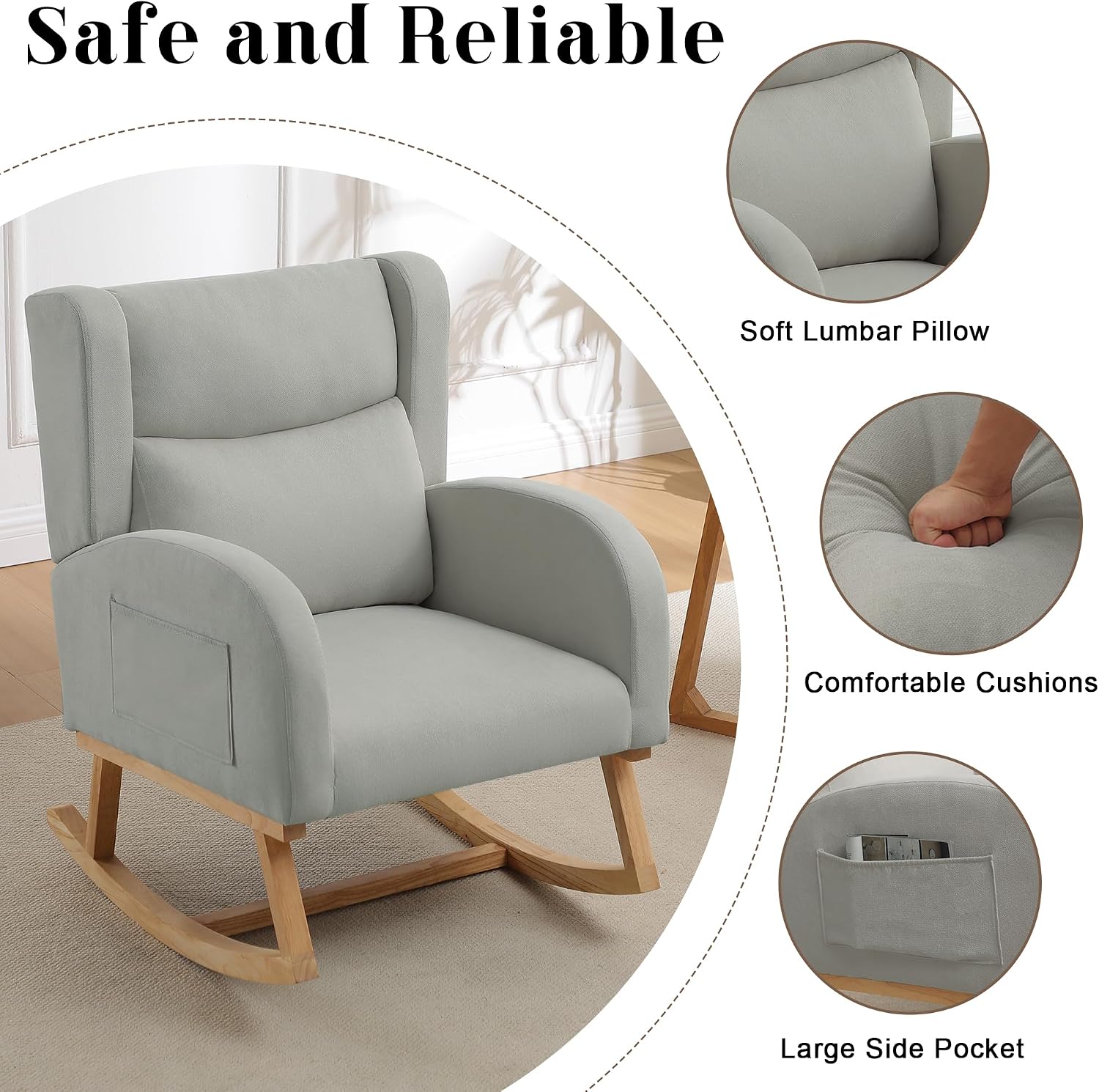 Nursery Rocking Chairs, Upholstered Rocking Chairs Glider Rocker for Living Room,Bedroom, Comfy Linen Glider Rocker Nursing Chair Wingback with Side Pocket for Nursing Adult Light Grey