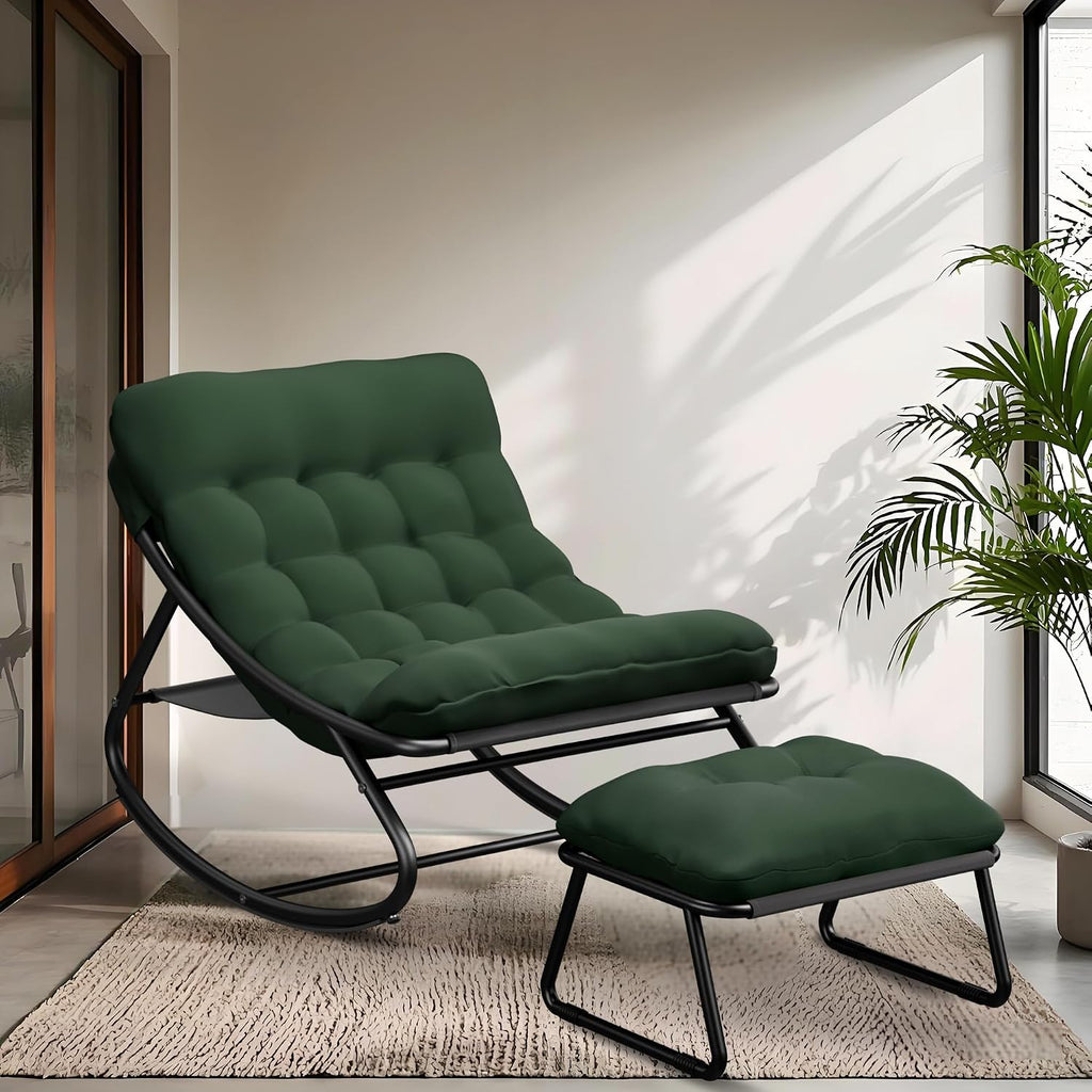 Outdoor Rocking Chair, Oversized Patio Papasan Rocking Chair with Cushion, Modern Comfy Lounge Rocker Chairs for Indoor Balcony Porch (Green)