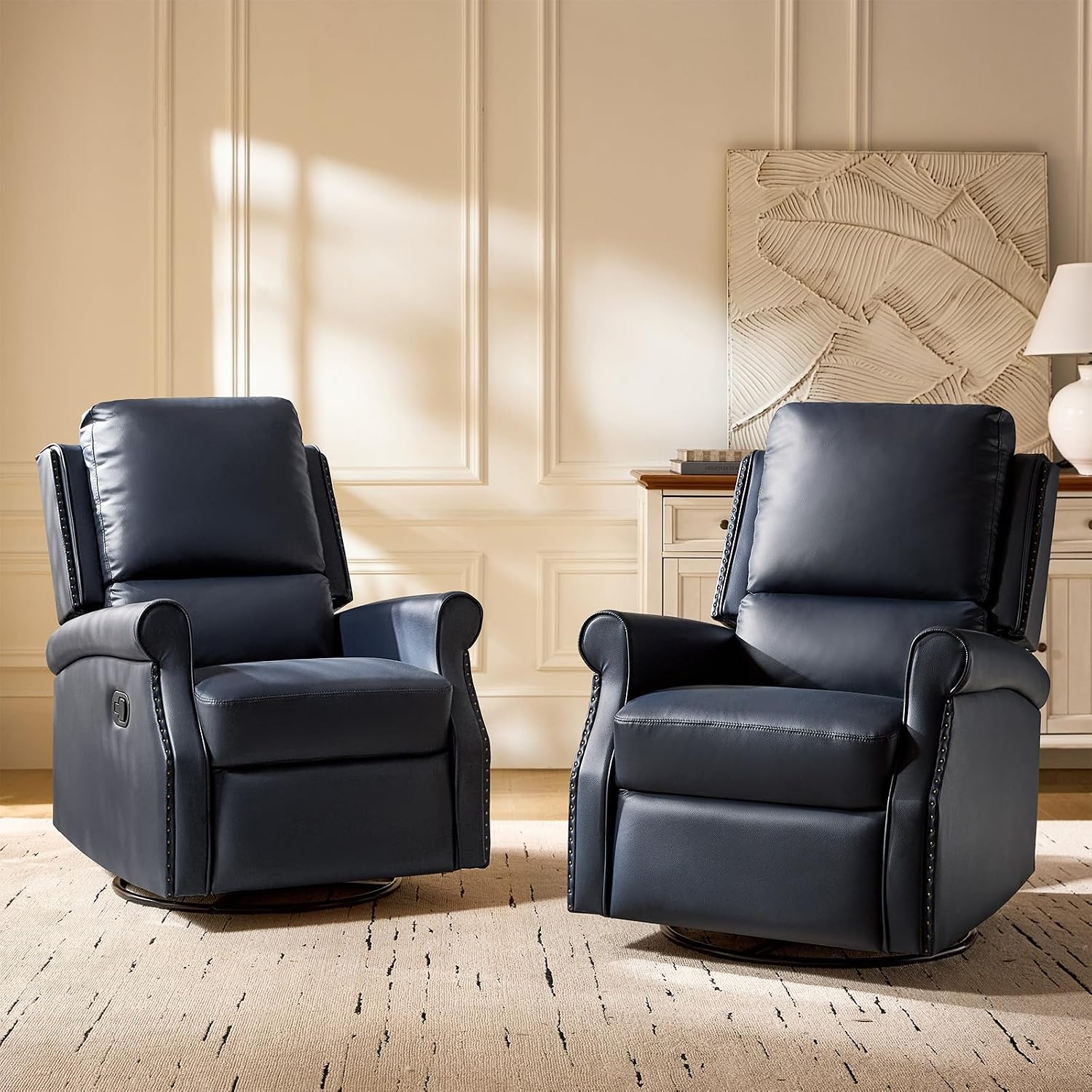 HULALA HOME Faux Leather Swivel Rocker Recliners Set of 2 with Adjustable Backrest and Footrest, Push Back Recliner Chairs with Nailhead Trim, Swivel Glider Rocking Chairs for Living Room, Navy