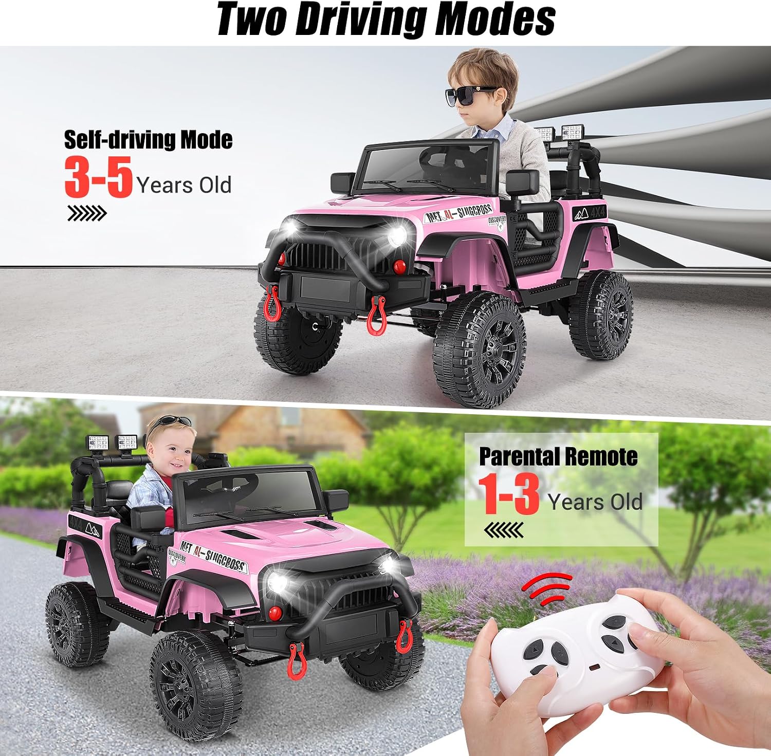 Hikole 24V Ride on Toys for Big Kids with Remote Control, 4X4 400W Battery Powered Truck with Bluetooth, Music, LED Lights, Shock Springs, Safety Belt, Power Wheels 24 Volt for Boys Girls 3-5, Pink