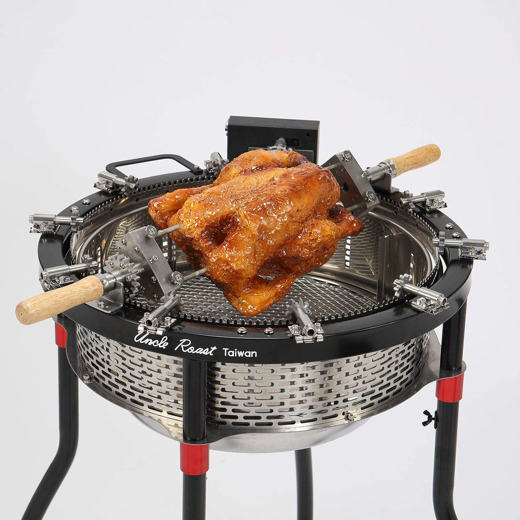 Portable Charcoal BBQ Grill &Tool Kits, Stainless Steel, 360-Degree Automatic Rotating for Outdoor Cooking, Camping, Picnic, Patio, Backyard, with Roaster Drum, Grill Net, Forks included