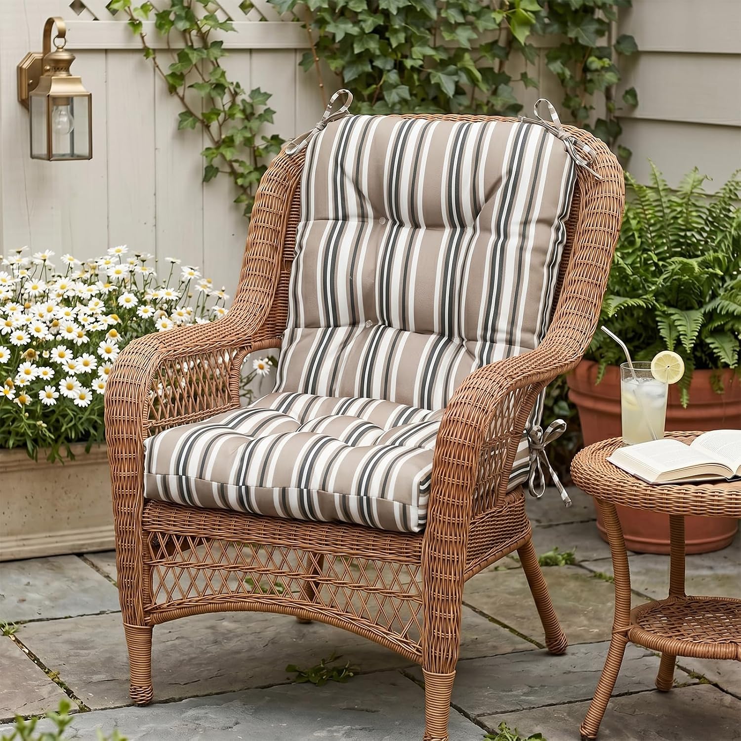 EAGLE PEAK Tufted Outdoor/Indoor Seat/Back Chair Cushions, Set of 4, 42'' x 21'', Beige Stripe