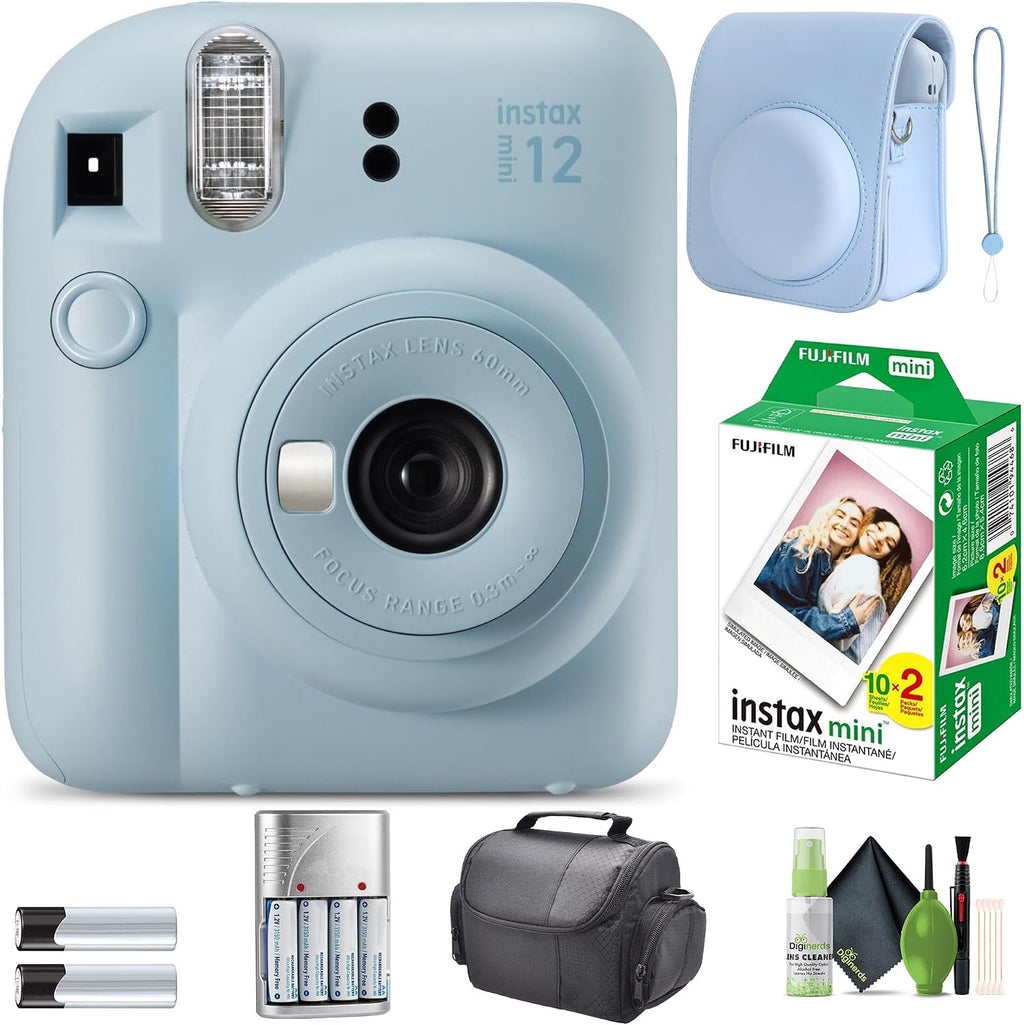 FUJIFILM INSTAX MINI 12 Instant Camera Pastel Blue Bundle with Instant Film- 20 Photo Sheets with Camera Case and Accessories Ideal Gift for Kids, Teenage Girl & Adults