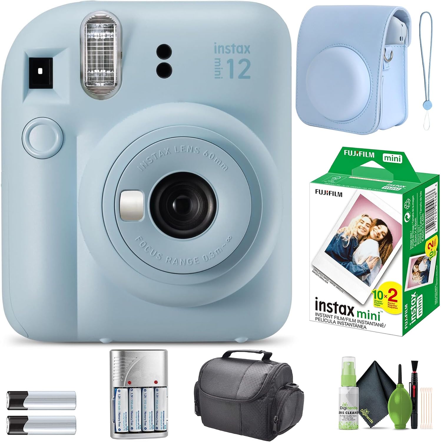 FUJIFILM INSTAX MINI 12 Instant Camera Pastel Blue Bundle with Instant Film- 20 Photo Sheets with Camera Case and Accessories Ideal Gift for Kids, Teenage Girl & Adults