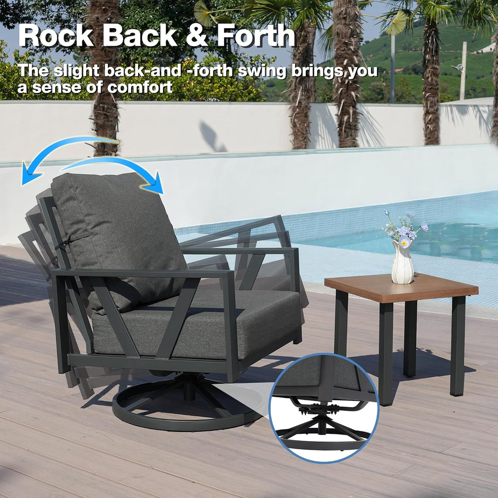 Outdoor Patio Swivel Rocking Chairs Set, Patio Porch Furniture with 6' Thick Cushions, 3 Pieces Outdoor Bistro Set with Coffee Table for Balcony, 350lbs, Dark Grey