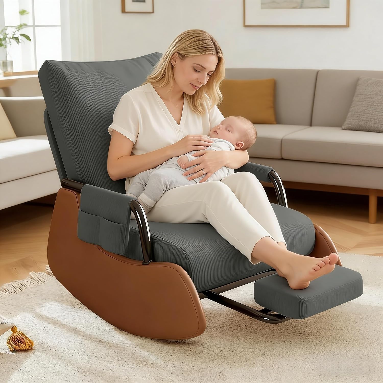 JPBSTO Rocking Chair Nursery, Upholstered Glider Rocking Chair with Side Pocket and Adjustable High Backrest, Foldable Rocker Recliner with Footrest Perfect for Living Room Bedroom, Deep Grey