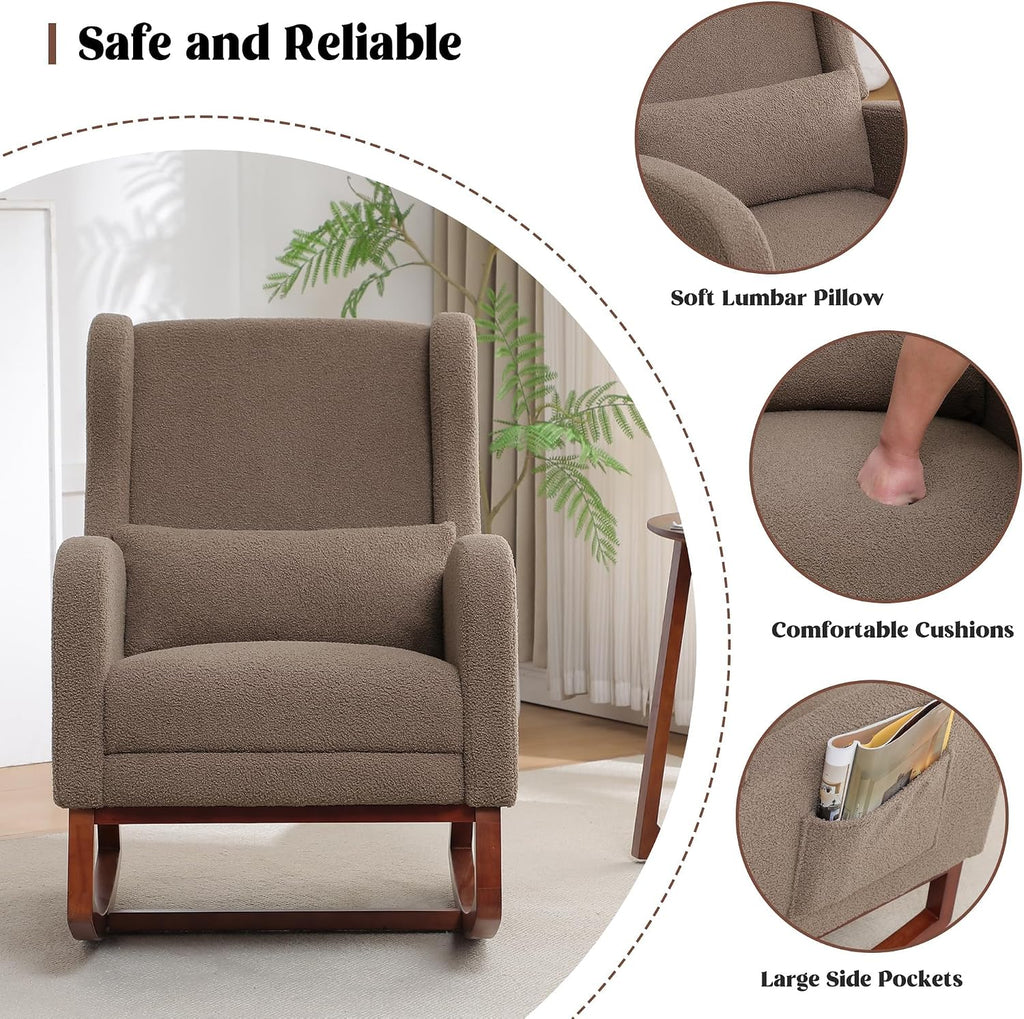 HCHAIRH Rocking Chair with Foot Rest, Teddy Wingback Nursery Rocking Chairs, Nursing Glider Rocker Chair with Pillow and High Back for Nursery, Living Room, Bedroom