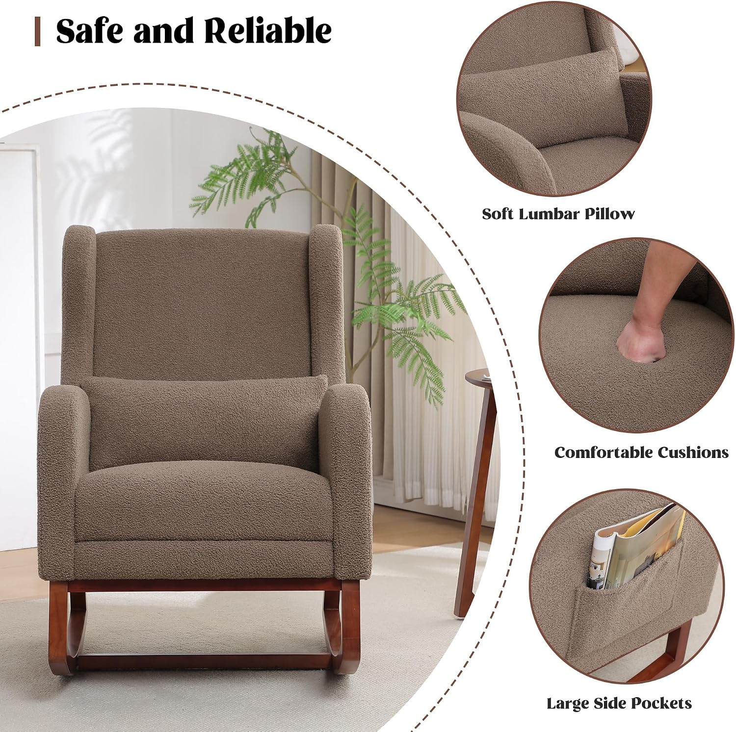 HCHAIRH Rocking Chair with Foot Rest, Teddy Wingback Nursery Rocking Chairs, Nursing Glider Rocker Chair with Pillow and High Back for Nursery, Living Room, Bedroom
