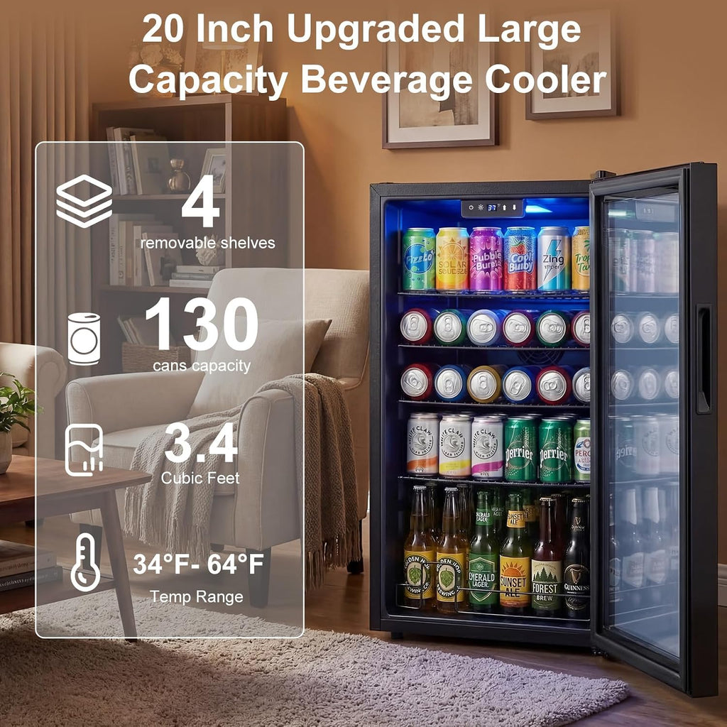 20 Inch Beverage Refrigerator, Mini Fridge with Glass Door for Soda Beer–130 Can Small Fridge for Home Office Bar, 3.4 Cu.Ft Drink Cooler with Reversible Door, Digital Temperature Control,Black