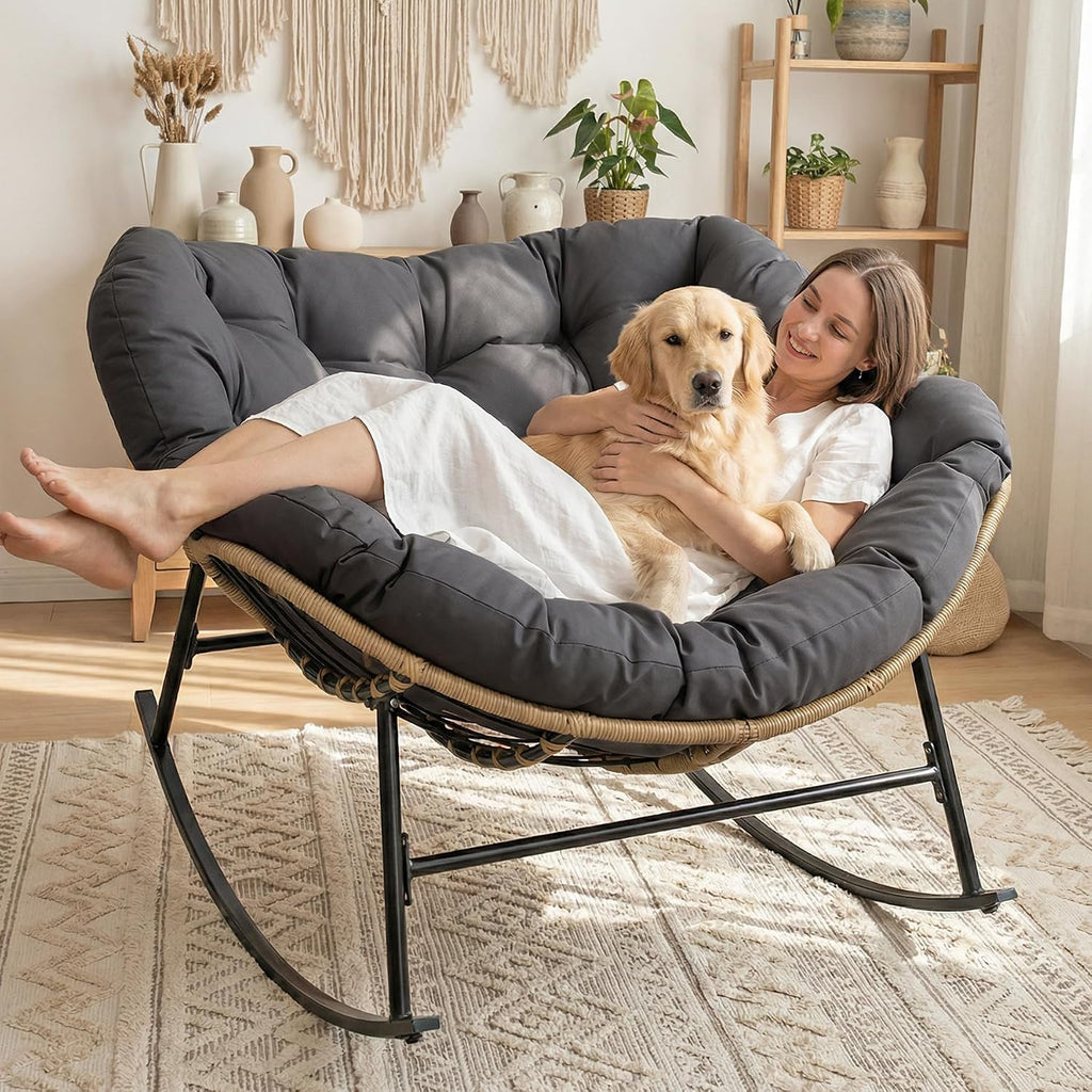 BULEXYARD Oversized Papasan Rocking Chair Outdoor with Cushion, PE Wicker Royal Rocking Egg Chair for Reading/Relaxing, 450 lbs Heavy Duty Sturdy Glider Recliner for Balcony, Porch, Livingroom Grey
