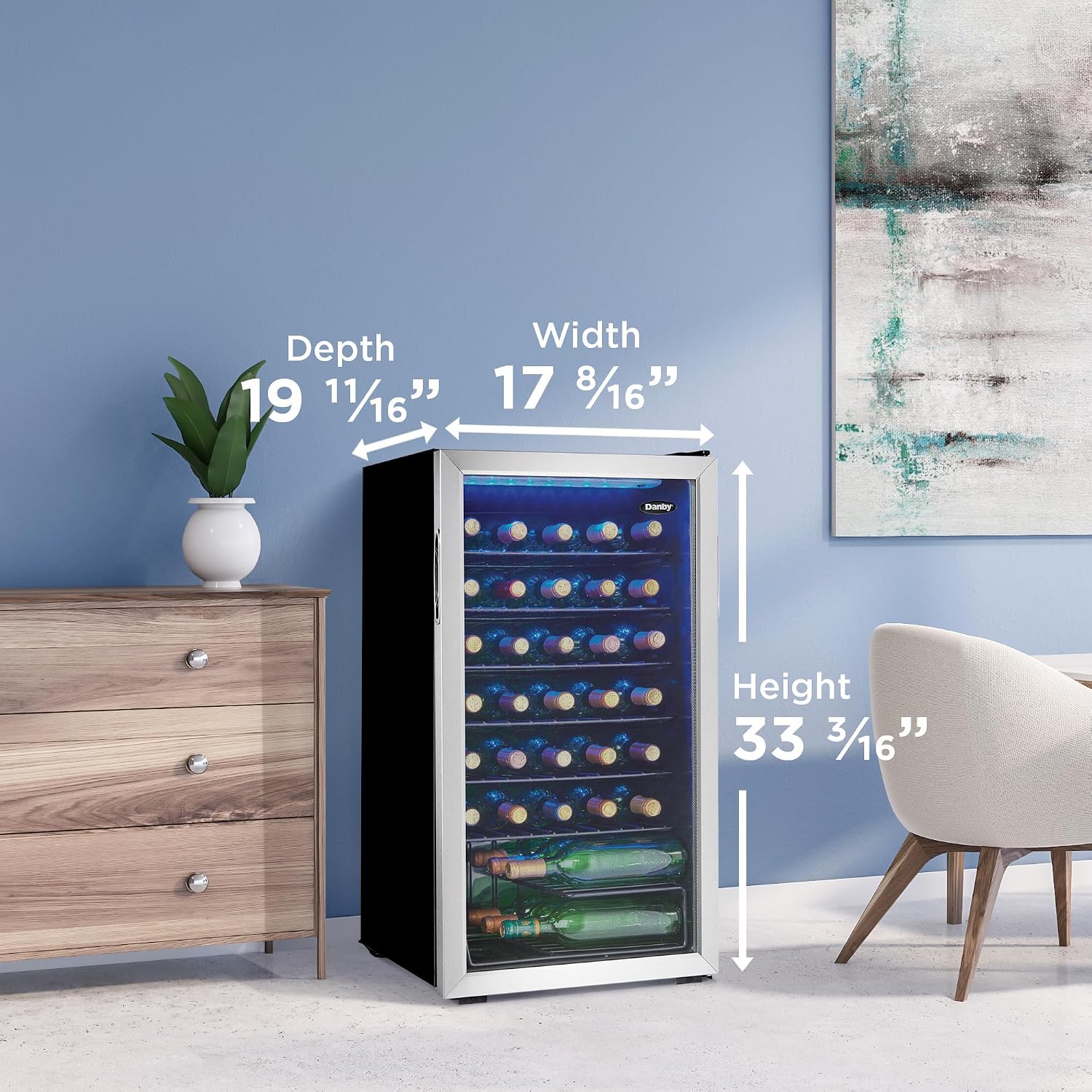 Danby DWC036A1BSSDB-6 3.3 Cu. Ft. Free Standing Wine Cooler, Holds 36 Bottles, Single Zone Fridge With Glass Door - Chiller for Kitchen, Home Bar, Black/Grey