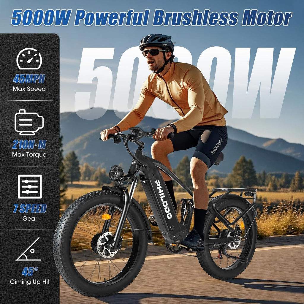Electric-Bike for Adults, Dual-Motor-Ebike Hunting-Ebike 5000W, 60V 32AH Long Range Dirtbike, Fat-Tire-Electric-Bicycle, Full Suspension for Off-Road Snow Sand