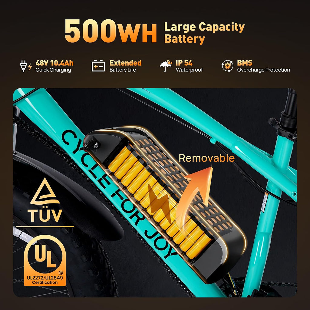 Electric Bike for Adults 70Miles 28 MPH,1500W Peak Brushless Motor, 48V 10.4Ah Removable Battery Ebike,Shimano 7 Speed / 26' Fat Tire/Dual Disc Electric Mountain Bikes(TUV & UL2849)