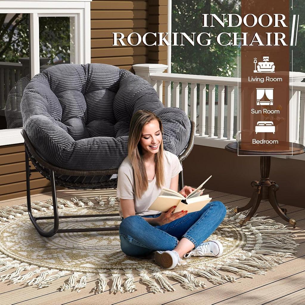Oversized Indoor Rocking Chair, Comfy Corduroy Rocking Papasan Chair with Thick Cushion and Frame, Large Wicker Rocker Egg Chair Reading Chair for Living Room, Bedroom, Lounge,Balcony,Grey