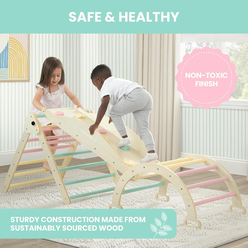 Delta Children Lil' Climber Gym - Indoor Climbing Gym/Jungle Gym for Kids - Montessori Toy with Reversible Arch/Rocking Chair, Reversible Rock Wall/Slide Ramp and Pikler Triangle - for Toddlers 3+