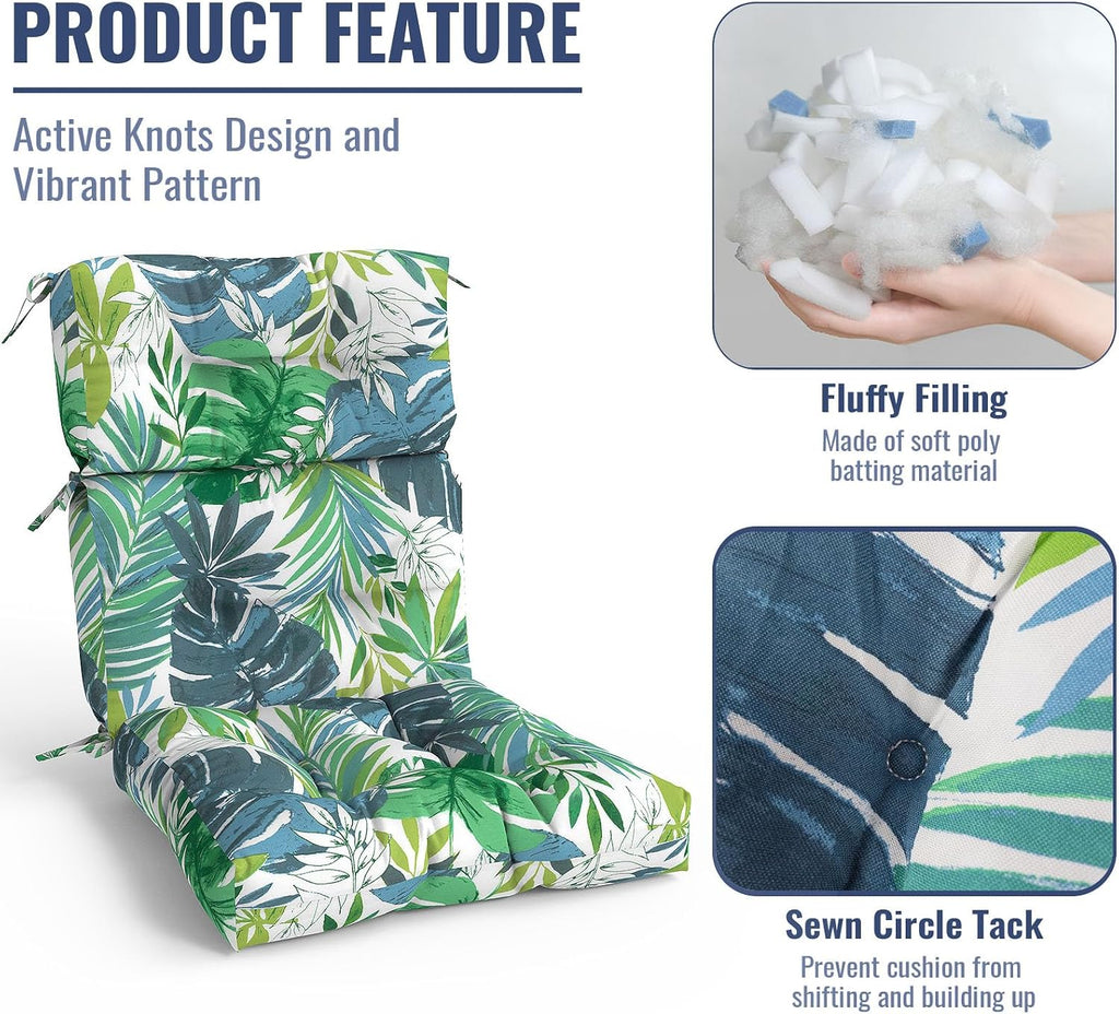 Outdoor High Back Patio Chair Cushions, Tufted Rocking Chair Cushions, Adirondack Cushions for Garden Porch Home Office Chair Use, 44' x 22' x 4', 2 Pack, Islamorada Blue Green