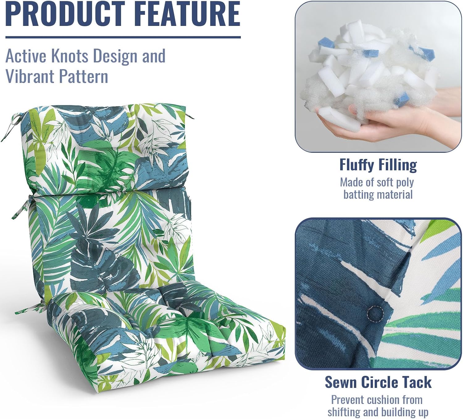 Outdoor High Back Patio Chair Cushions, Tufted Rocking Chair Cushions, Adirondack Cushions for Garden Porch Home Office Chair Use, 44' x 22' x 4', 2 Pack, Islamorada Blue Green