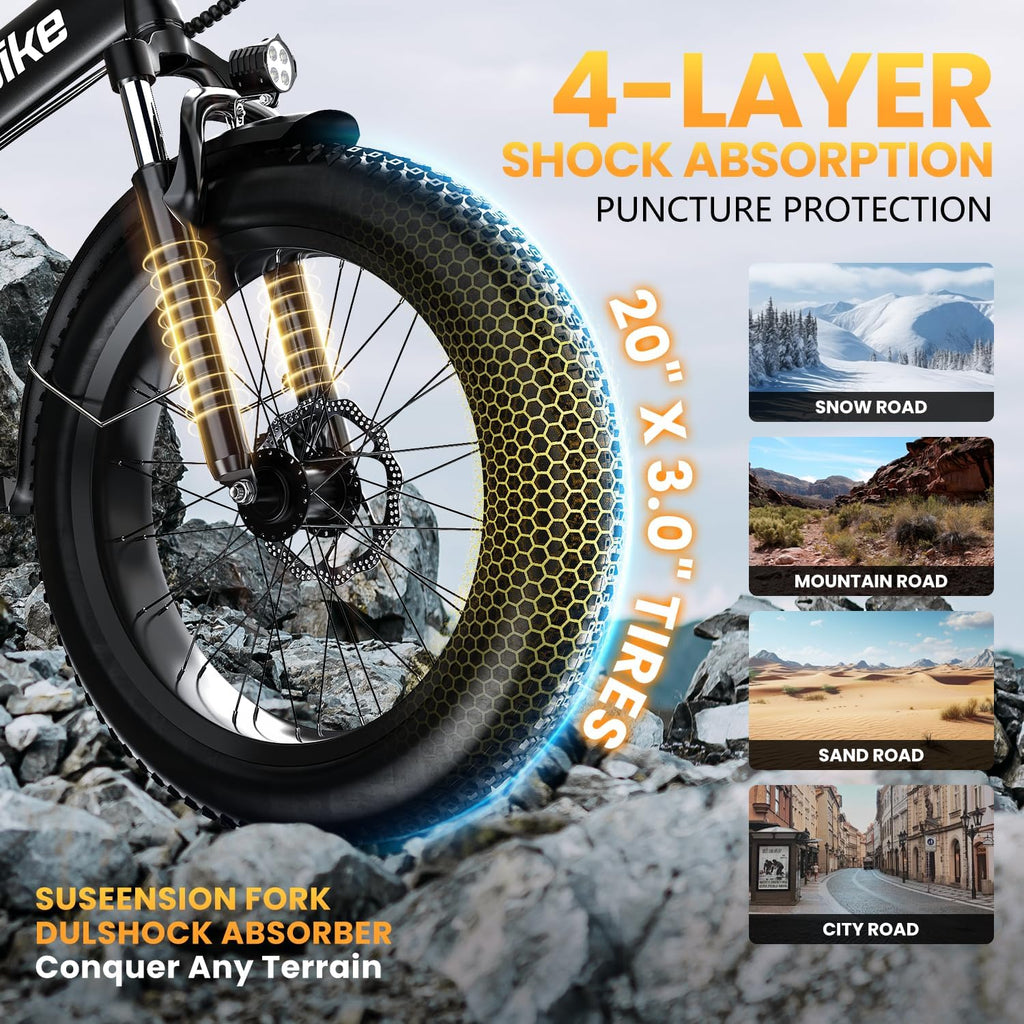 Auloor Folding Electric Bike for Adults,1000W Motor(1000W Peak),30MPH, 80Mile,48V 20AH Battery,20' Fat Tire Foldable Electric Bicycle,Commuter Beach Snow E-Bikes,7-Speed