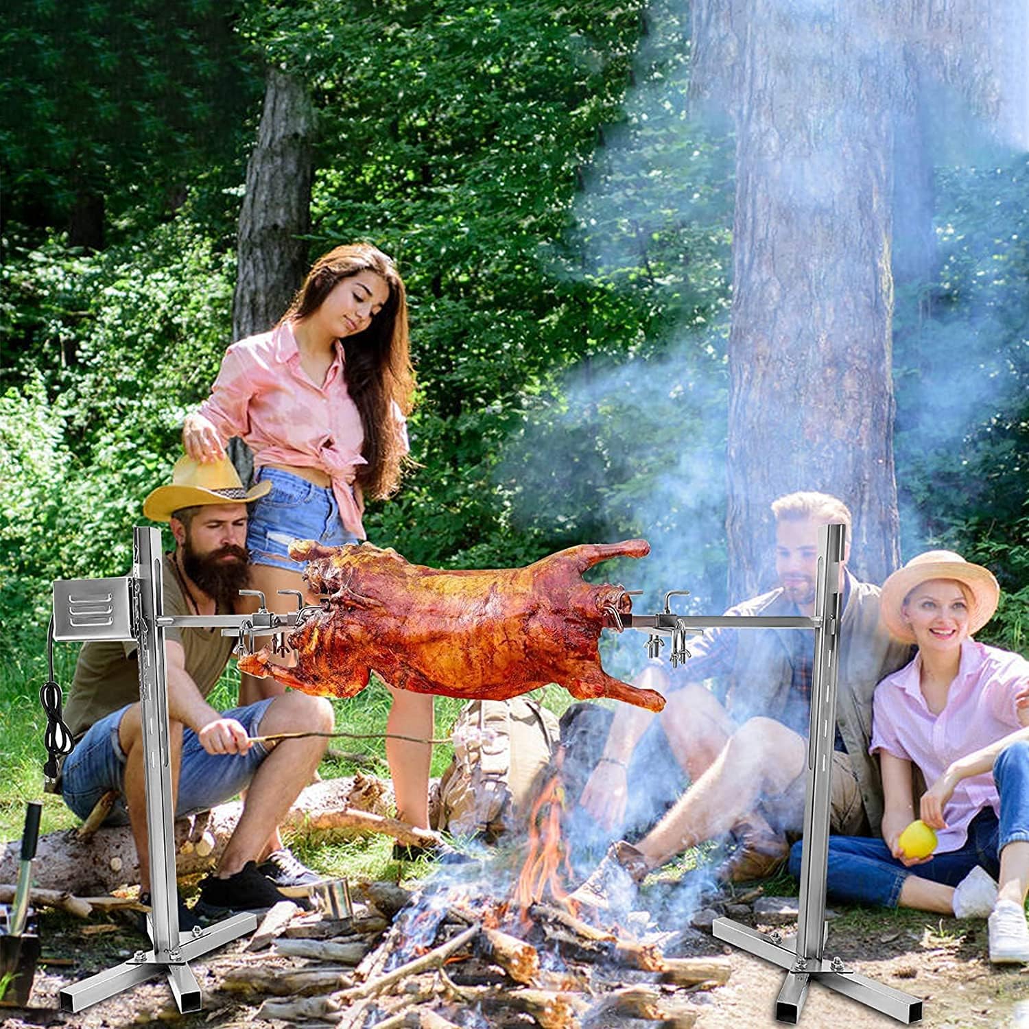 Electric Rotisserie Kit, Camping Spit Grill Roaster For Lamb Hog Pig, Height Adjustable Universal Complete Large Grill Roaster Rod, Pig Chicken Hog Lamb Charcoal Cooker, Outdoor Use Rotisserie Spit