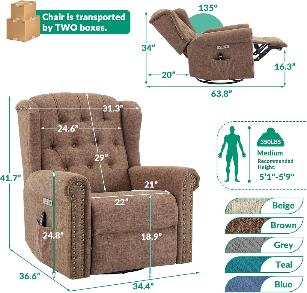 VIVIJASON Power Swivel Rocking Recliner Chair with Massage & Heat, Electric Rocker Nursery Glider Chair, Wingback Tufted Upholstered Recliner W/Type-C & USB Ports for Living Room, Bedroom, Brown