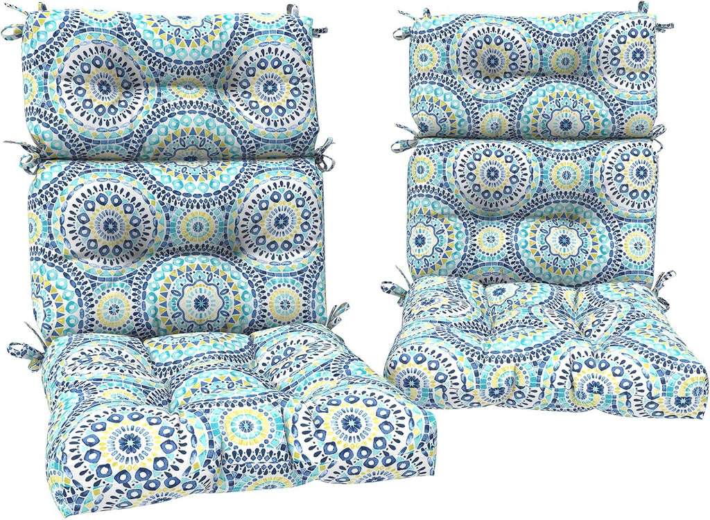 DYTXIII Outdoor High Back Chair Cushions Set of 2, Water Repellent Tufted Rocking Seat Cushions Replacement 44 x 22 Inch, Seat & Back Chair Pads for Patio, Balcony and Indoor Use -Delancey Lagoon