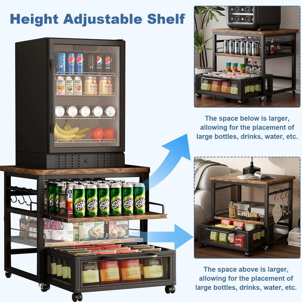 DDJ Mini Fridge Stand with Storage, 21 x 21 in Heavy Duty Mini Fridge Table with Pull-out Shelf and Lockable Wheels, Compact Refrigerator Stand with Drawer Basket for Home Office, Rustic Brown