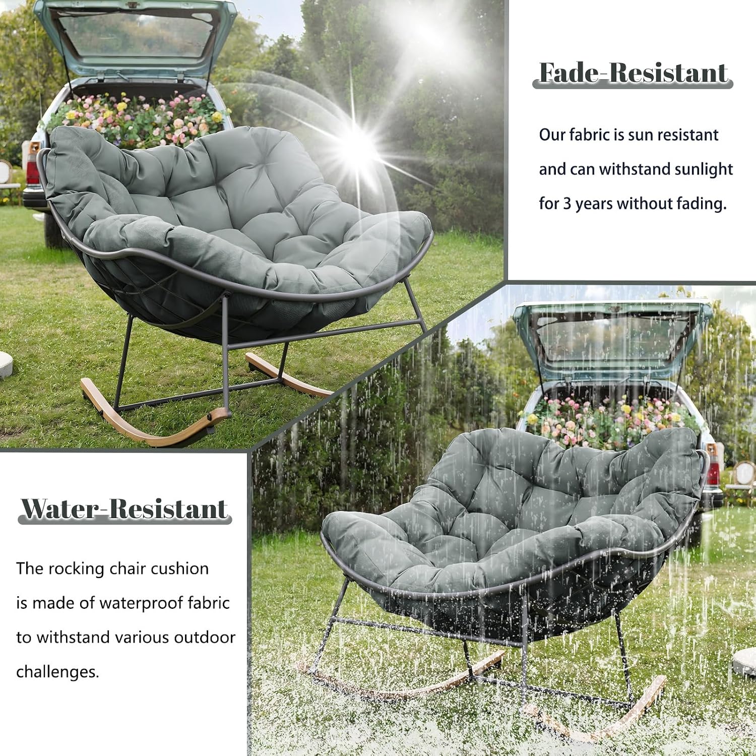 Outdoor Rocking Chair Cushions Replacement, 6''Thick Waterproof & Fade Resistant Papasan Chair Cushion with 6 Straps,Tufted Egg Chair Cushion for Indoor & Outdoor (Light Gray)