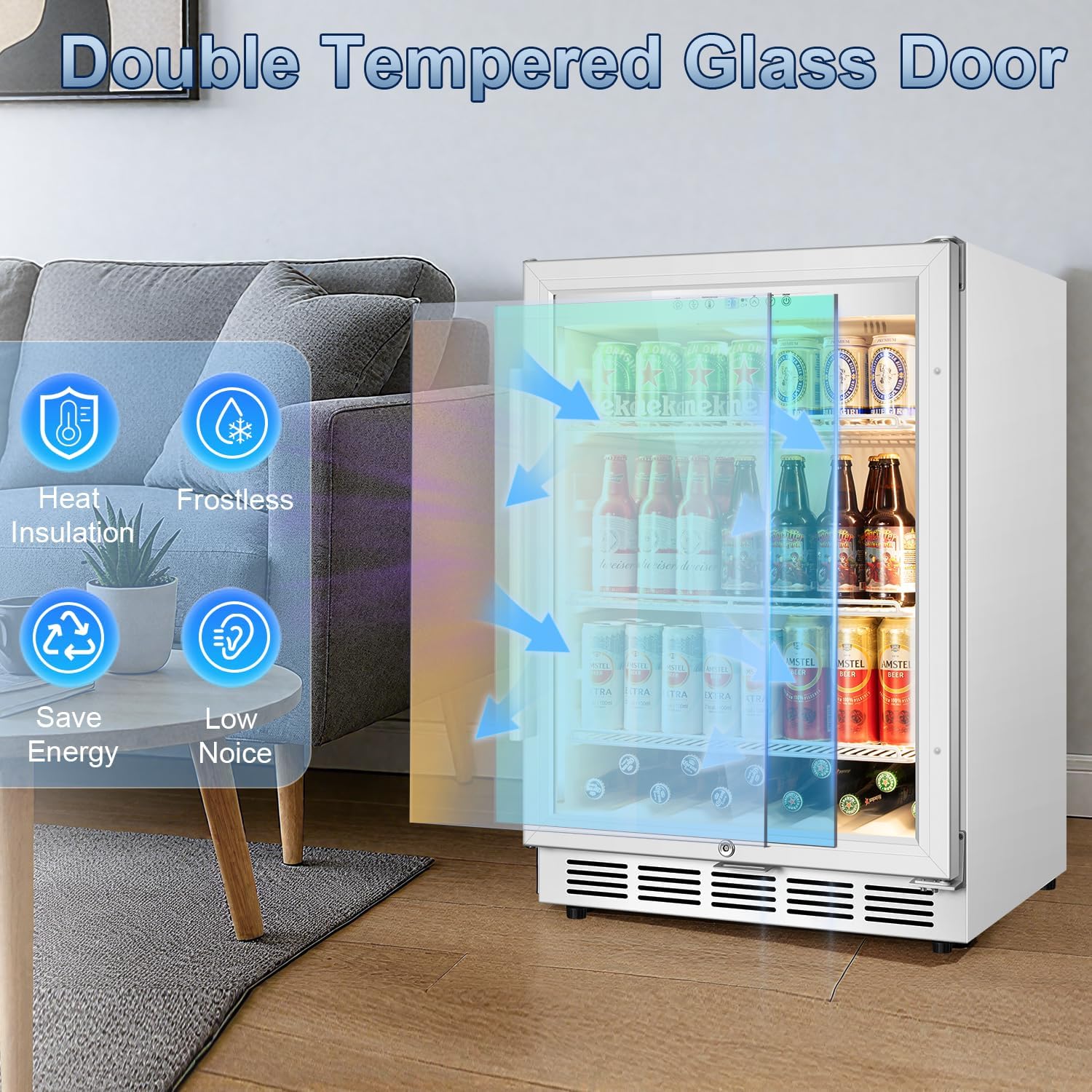 Velivi Beverage Refrigerator, 4.9 Cubic Feet Undercounter/Freestanding 24 Inch Beverage Fridge with Glass Door, LED Light, Safety Lock, Touch Control, Low Noise (White)