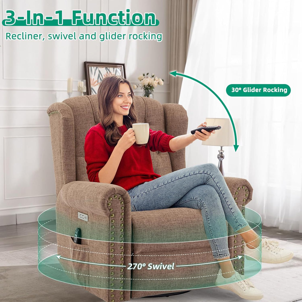 VIVIJASON Power Swivel Rocking Recliner Chair with Massage & Heat, Electric Rocker Nursery Glider Chair, Wingback Tufted Upholstered Recliner W/Type-C & USB Ports for Living Room, Bedroom, Brown